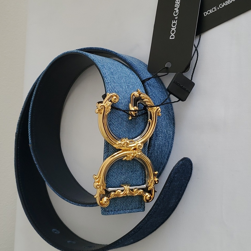 Dolce Gabbana patchwork denim Baroque DG logo buckle women's belt Size 95